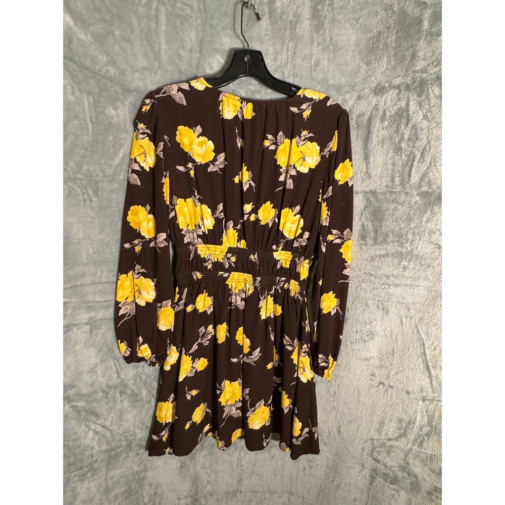WAYF Brown Yellow Floral Smocked Waist V-Neck Long Sleeve Mini Dress Small - Picture 3 of 13